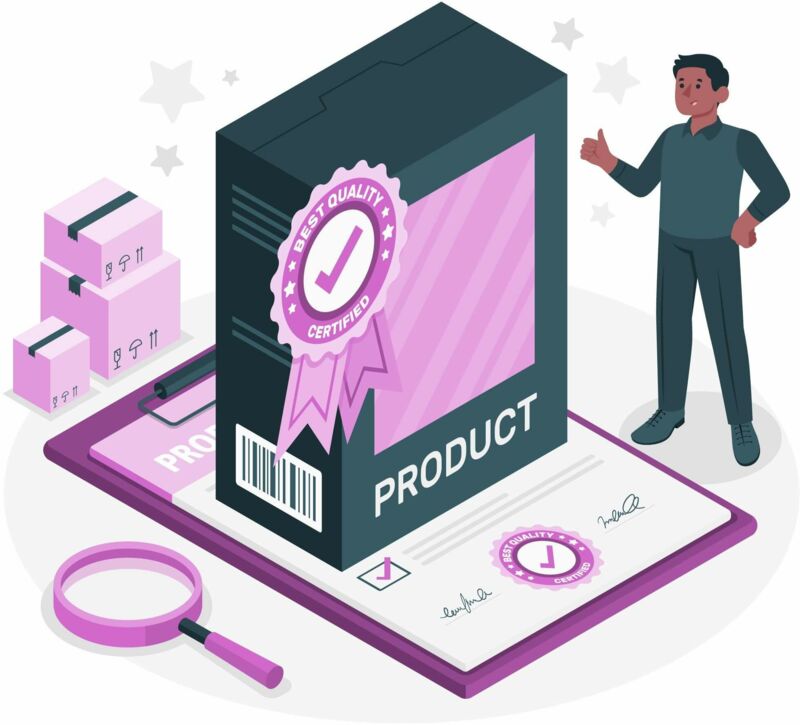 Eine Schachtel, das auf einem Klemmbrett steht und auf dem eine Schleife mit der Aufschrift "Best Quality Certified" angebracht ist.