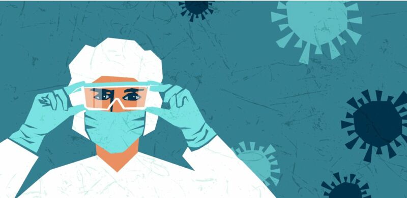 Illustration einer Frau in PSA. Sie trägt eine Atemschutzmaske und hält beide Hände an ihre Schutzbrille.