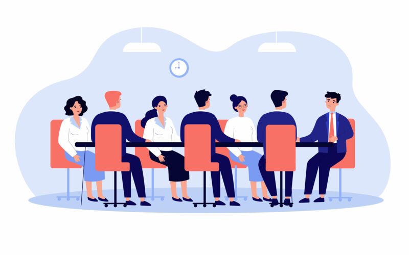 A collage showing people gathered around a table for a meeting.